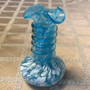 Hand Blown Art Glass Bud Vase Blue White Spatter Applied Coil Ruffled Rim Pontil